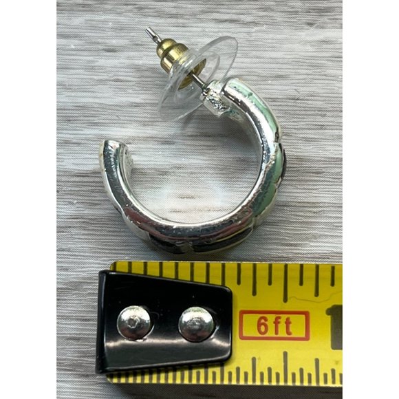 Block Pattern Silver Tone Small Hoop Earrings Beige Black - Picture 4 of 7